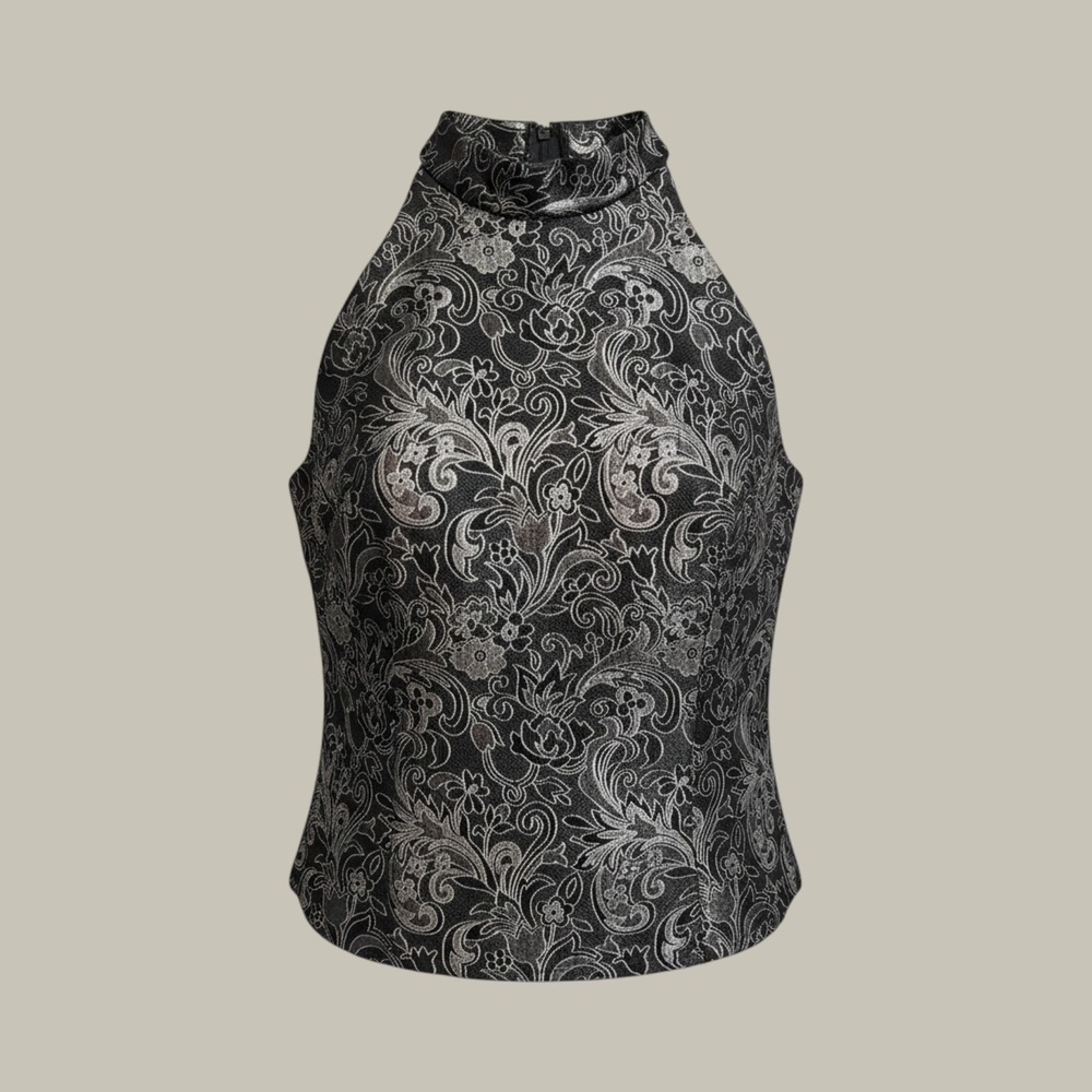 Vintage Michaelangelo Silver Metallic Floral Brocade Halter Mock Neck Top 90s 12